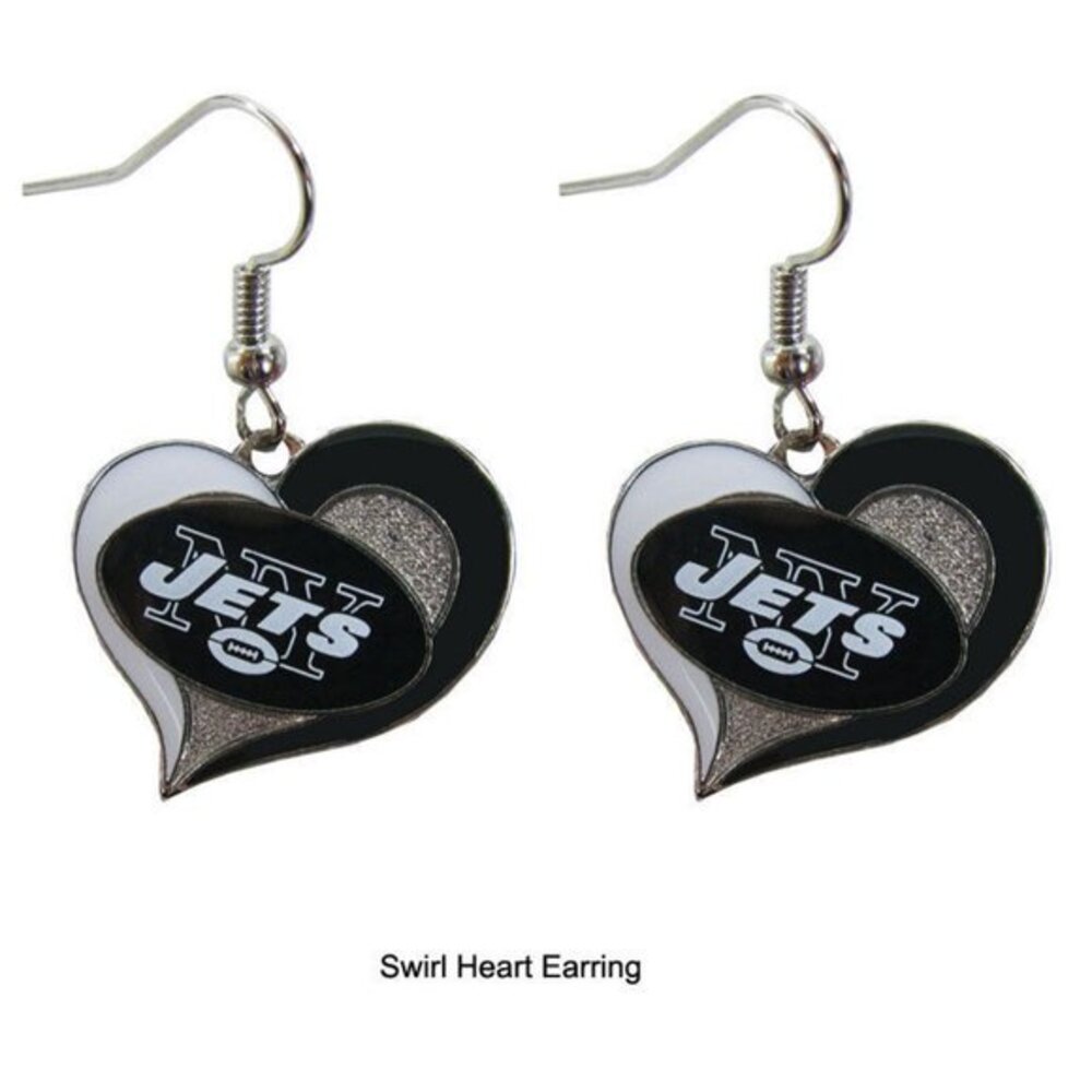New* New York Jets NFL‎ Silver Swirl Heart Dangle Earrings Non-Allerg…